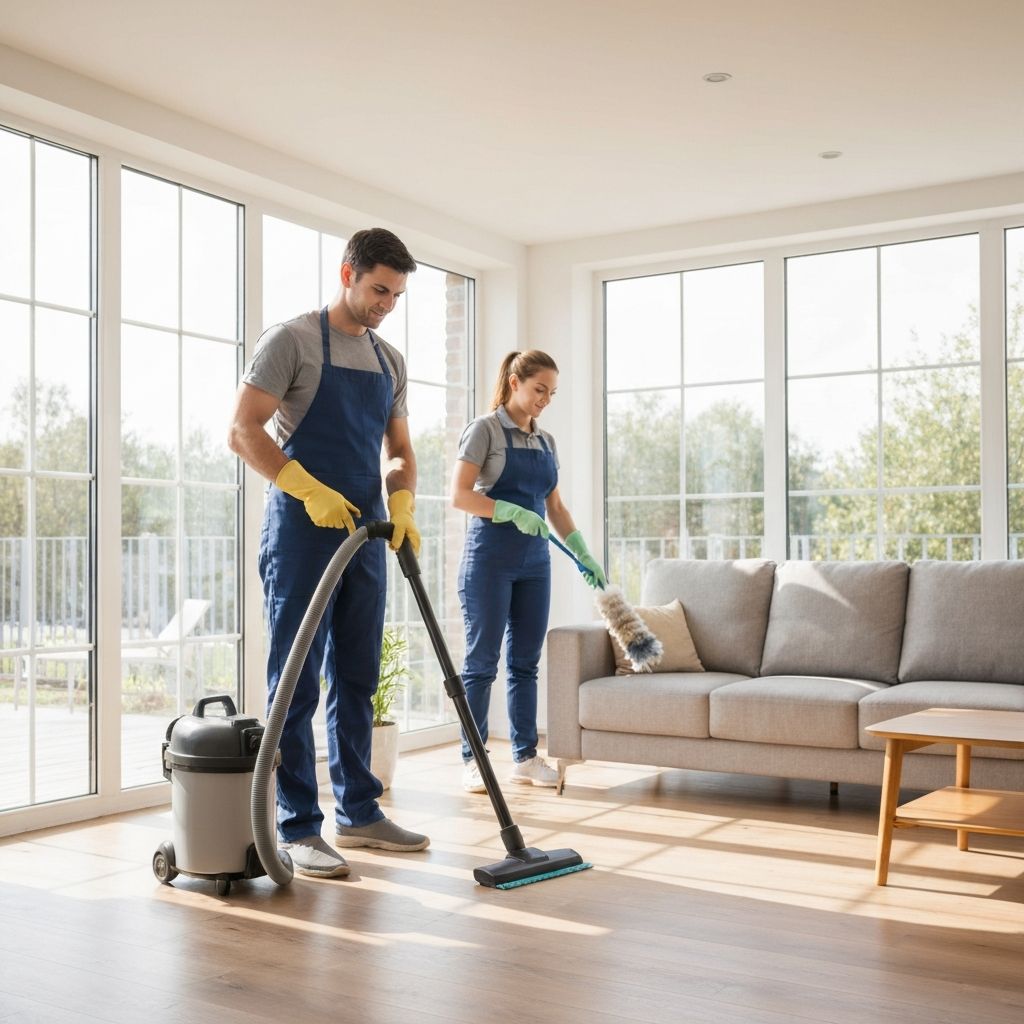 Professional cleaners working in a bright, sunny living room